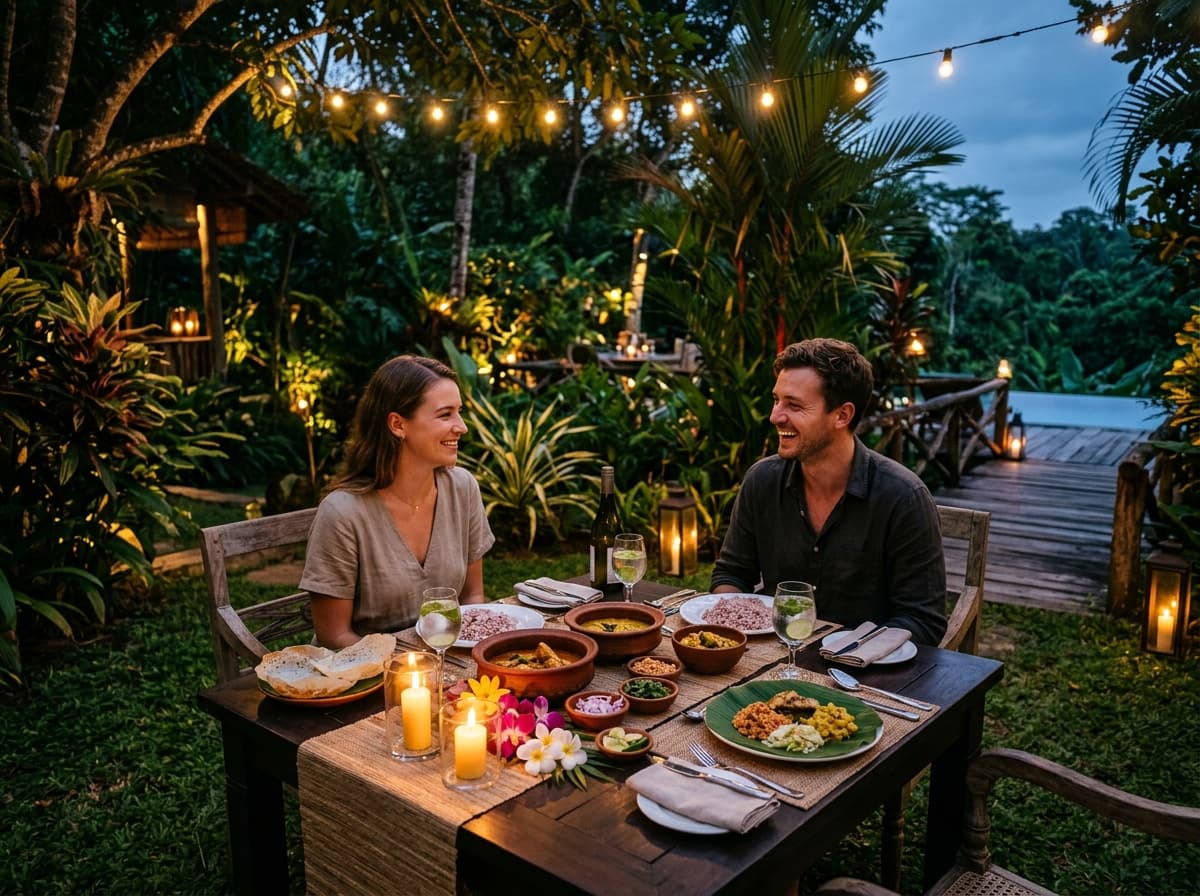Outdoor candlelit dining with traditional Sri Lankan cuisine